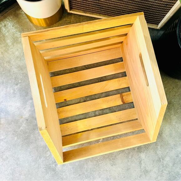 Modern Rustic Raw Light Beige Wood Slat Handle Bucket Box Crate Storage With Lip - Picture 3 of 9